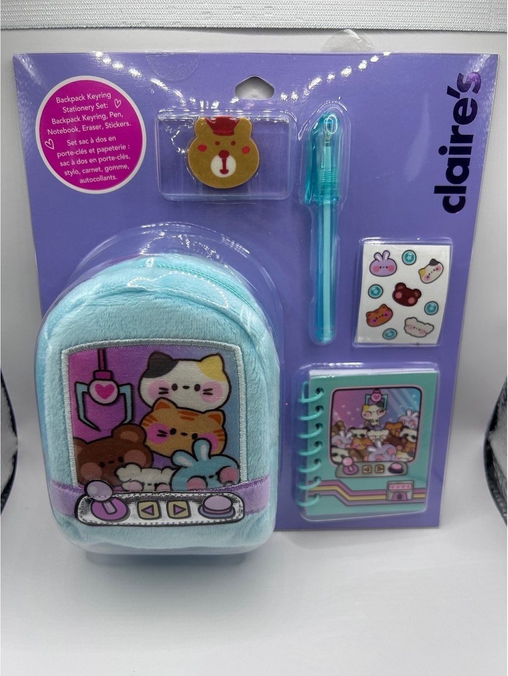 Claire's Backpack Keyring Stationery Set with Plush Backpack, Pen, Notepad, Eras